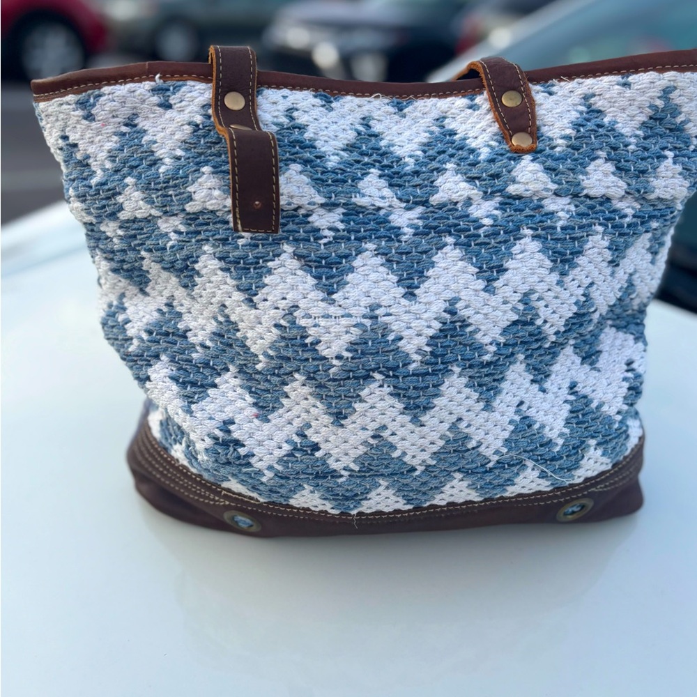 Myra Blue and White Chevron Tote Bag